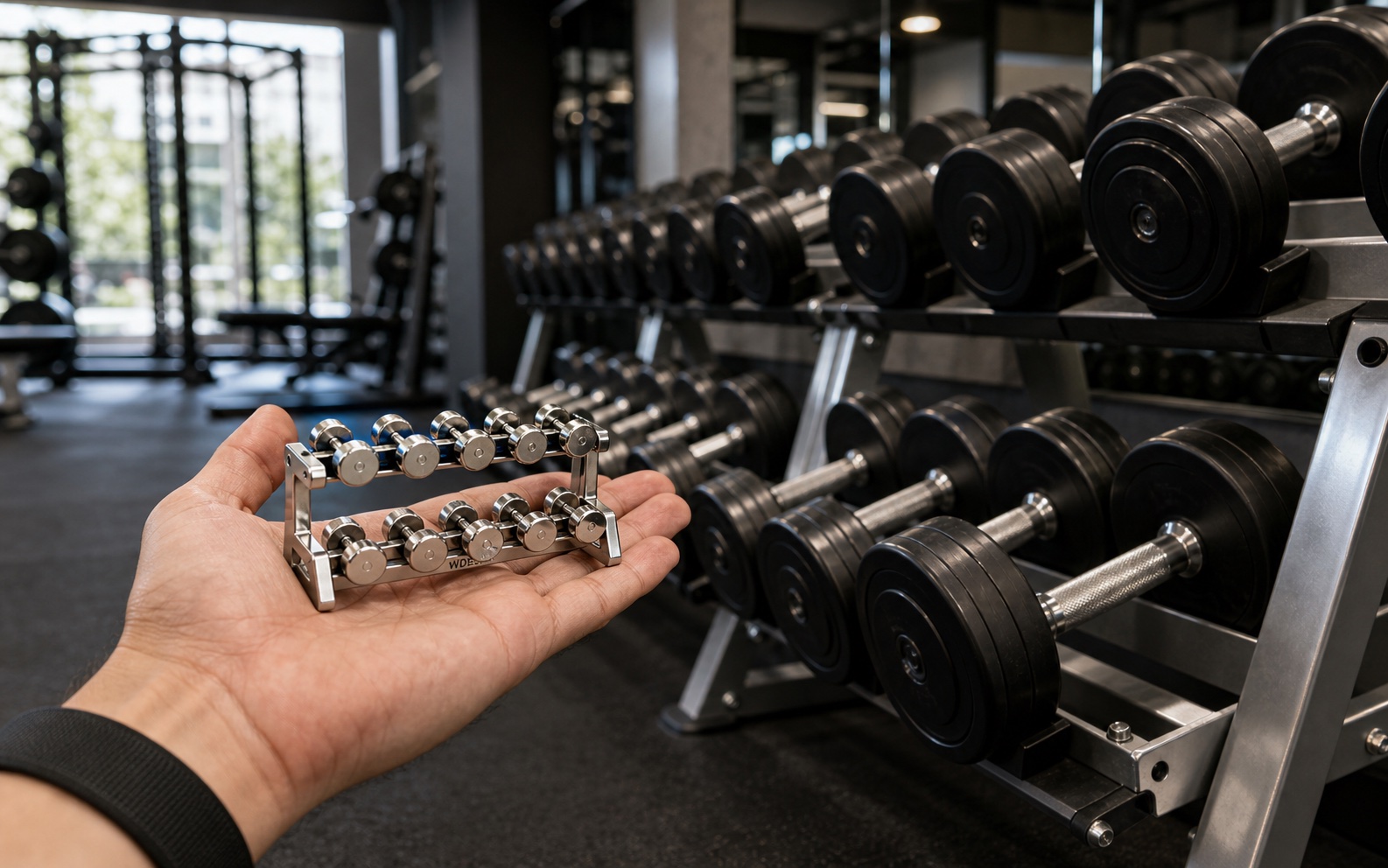 Hand holding a WDER mini dumbbell rack model beside a real full size dumbbell rack in a modern gym for size comparison